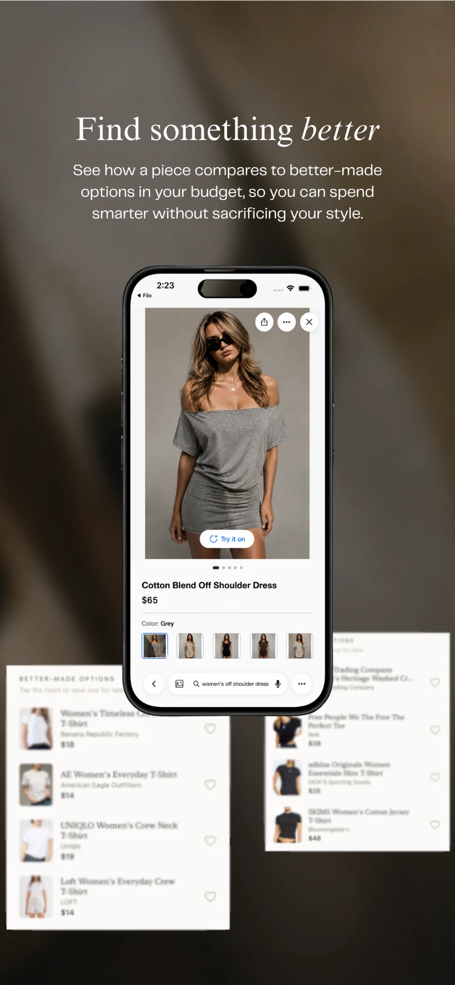 The Filo app showing a product page with better-made alternatives alongside it