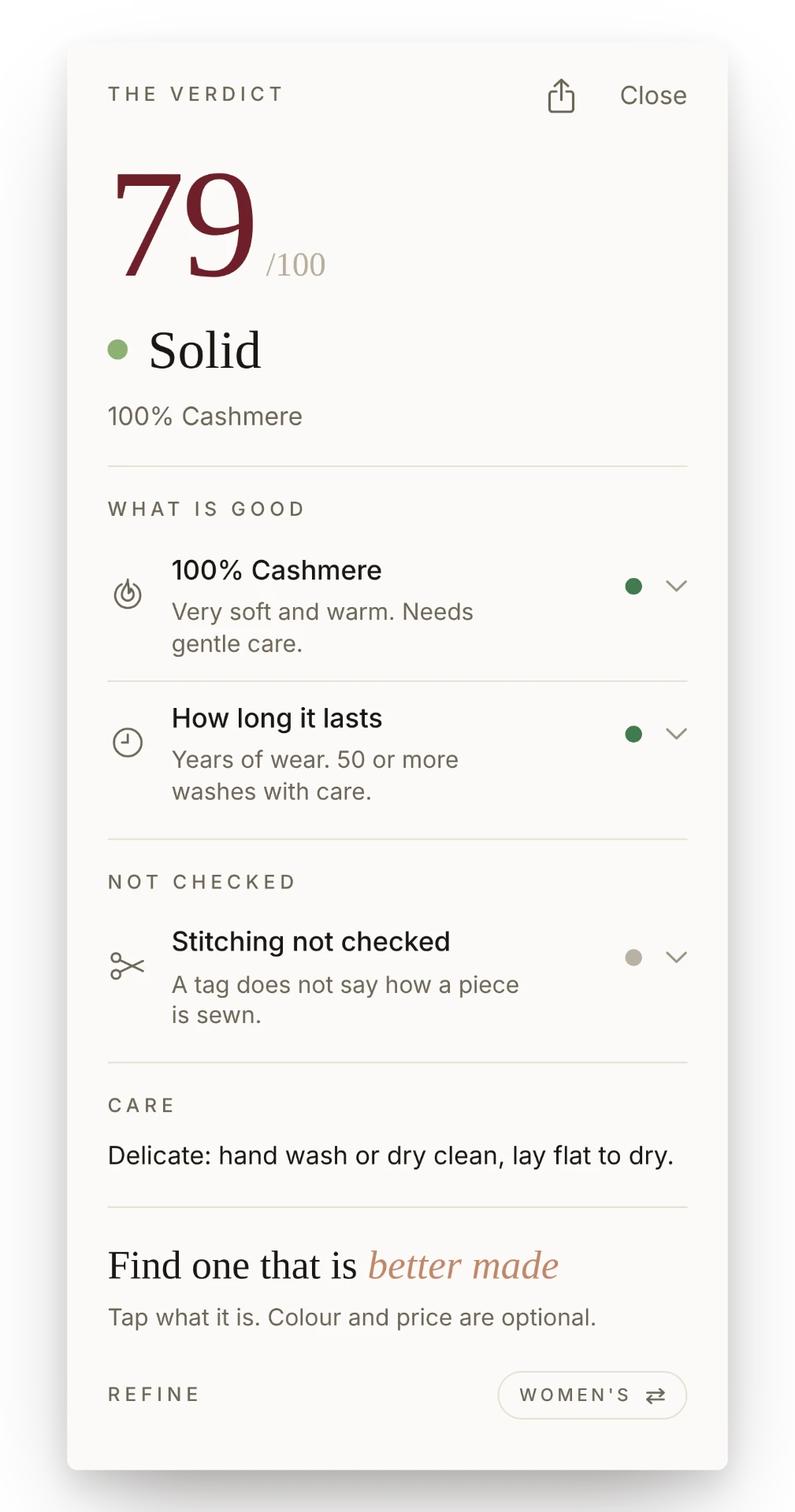 The Filo app showing a verdict of 79 out of 100 for a 100% cashmere piece