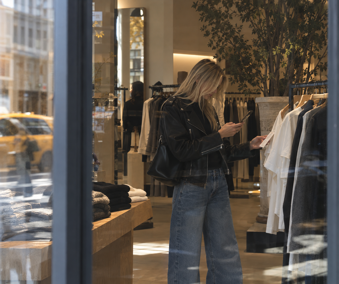 A woman in a sunlit boutique uses Filo on her phone to check a garment's care label